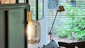Una habitación con un armario verde, una lámpara colgante, una lámpara de pie y vistas a la vegetación a través de una ventana con persianas.
