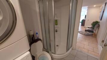 Hair dryer, towels, soap, toilet paper