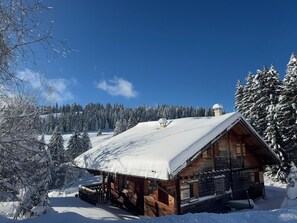 A wooden cabin with a snow-covered roof, surrounded by snow-covered trees and a clear blue sky.