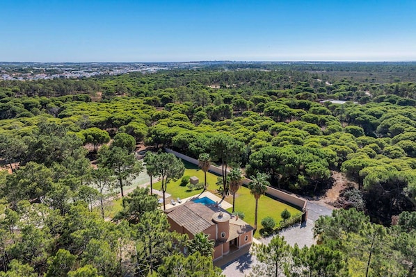 A large estate with a central building surrounded by dense greenery, a swimming pool, and a clear view of the surrounding landscape.