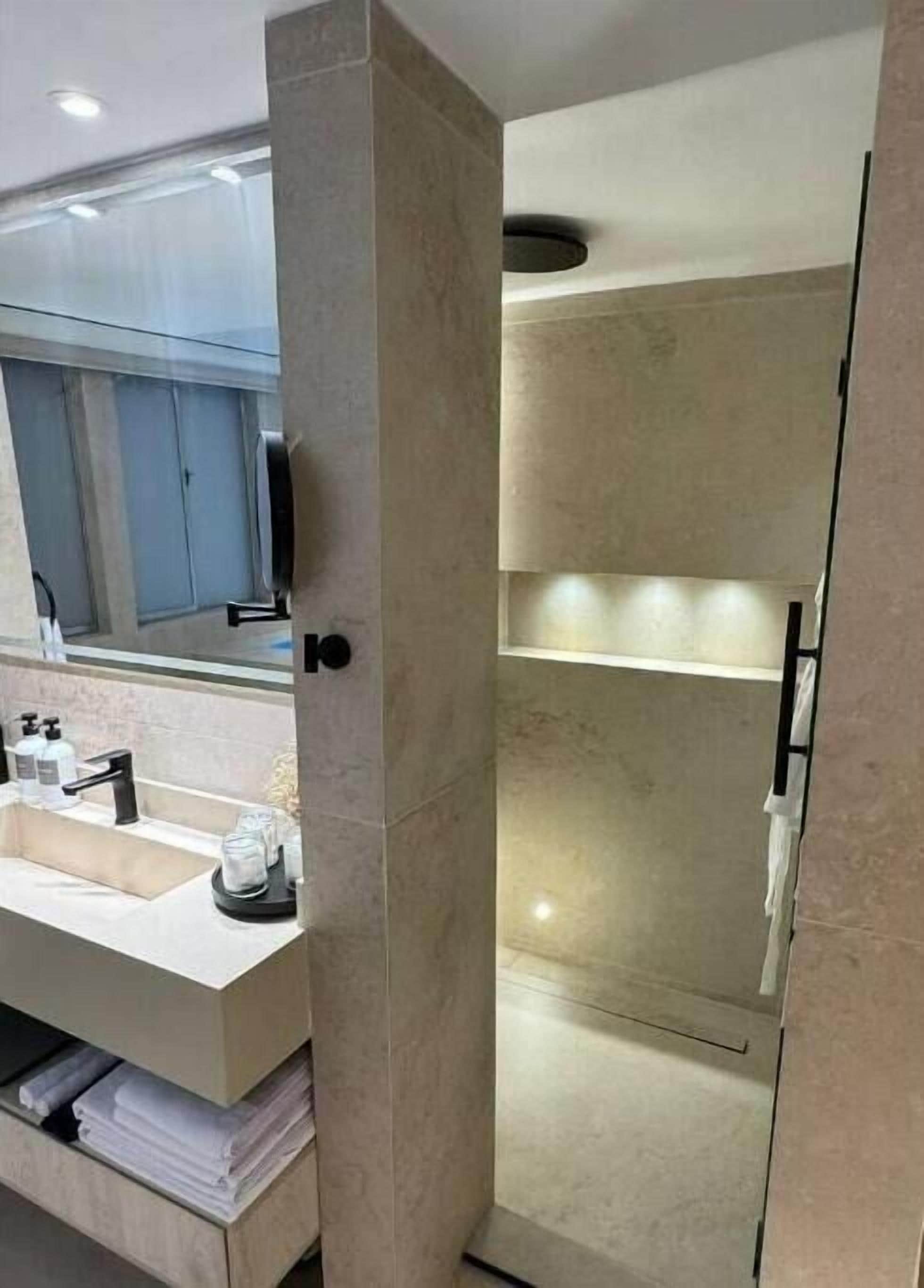 Hair dryer, towels, soap, toilet paper