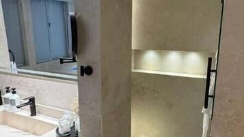 Hair dryer, towels, soap, toilet paper