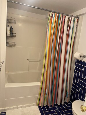 Hair dryer, towels, soap, shampoo