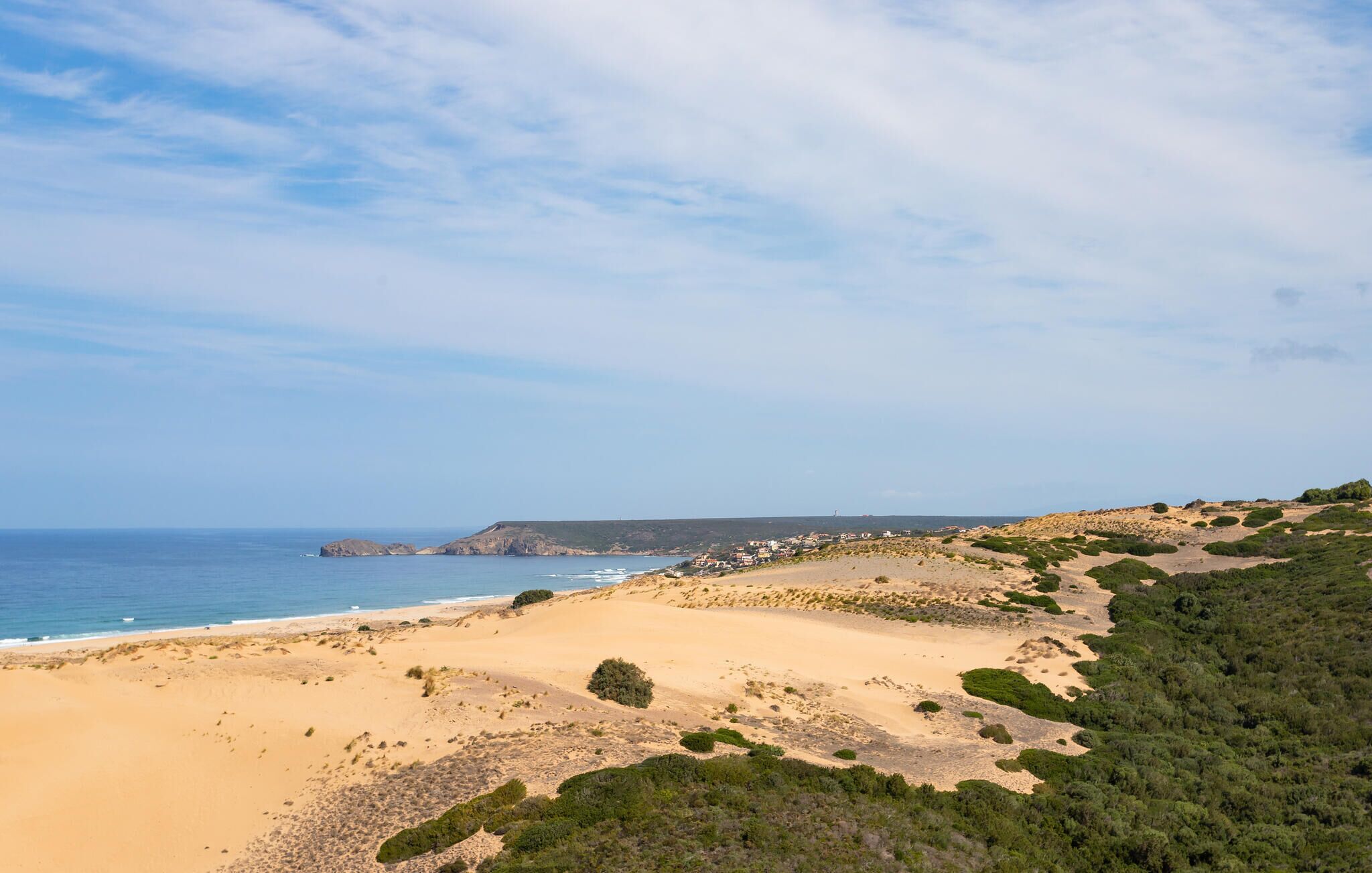 Un paisaje costero con una playa arenosa, vegetación verde y cielo despejado.