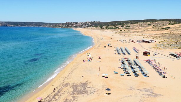 Ein Strand mit Reihen von Liegestühlen und Sonnenschirmen, einem Rettungsturm und freiem Blick auf die Küstenlinie.