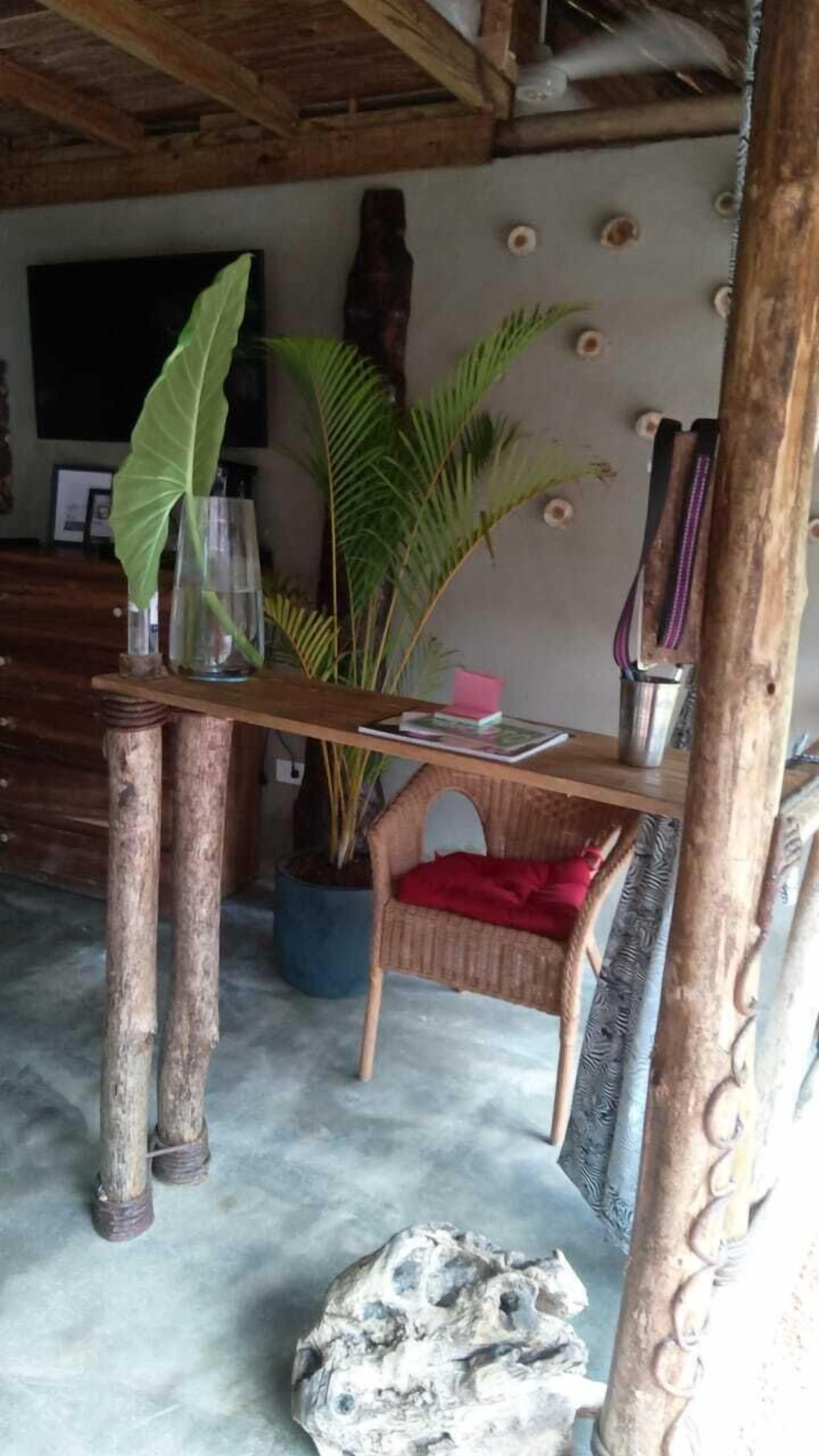 Una habitación rústica con una mesa de madera, una planta en maceta, una silla de mimbre y un muro con adornos circulares.