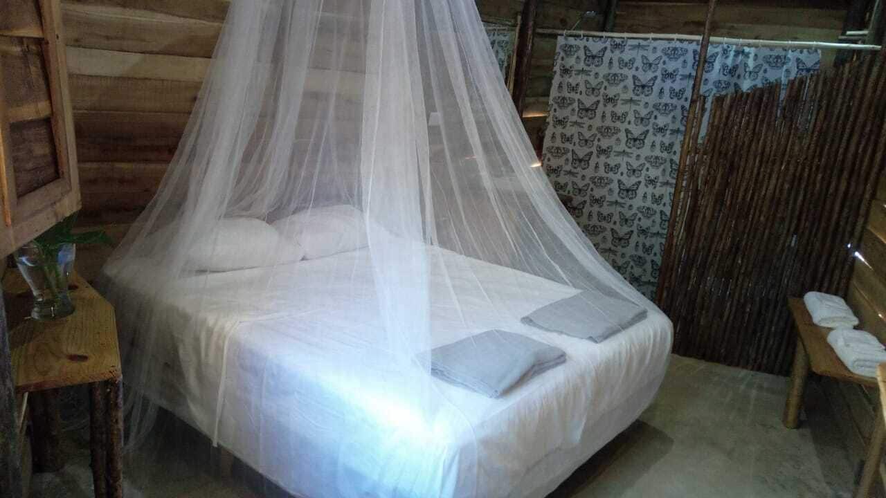 A single bed with a white bedspread and pillows, a wooden headboard, and a mosquito net.