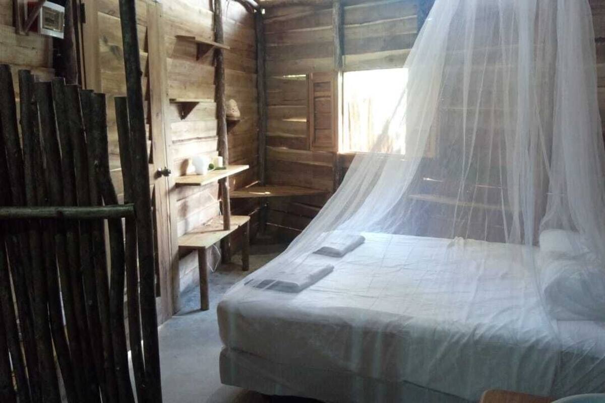 Une pièce rustique en bois, avec un lit recouvert d’un dais blanc.