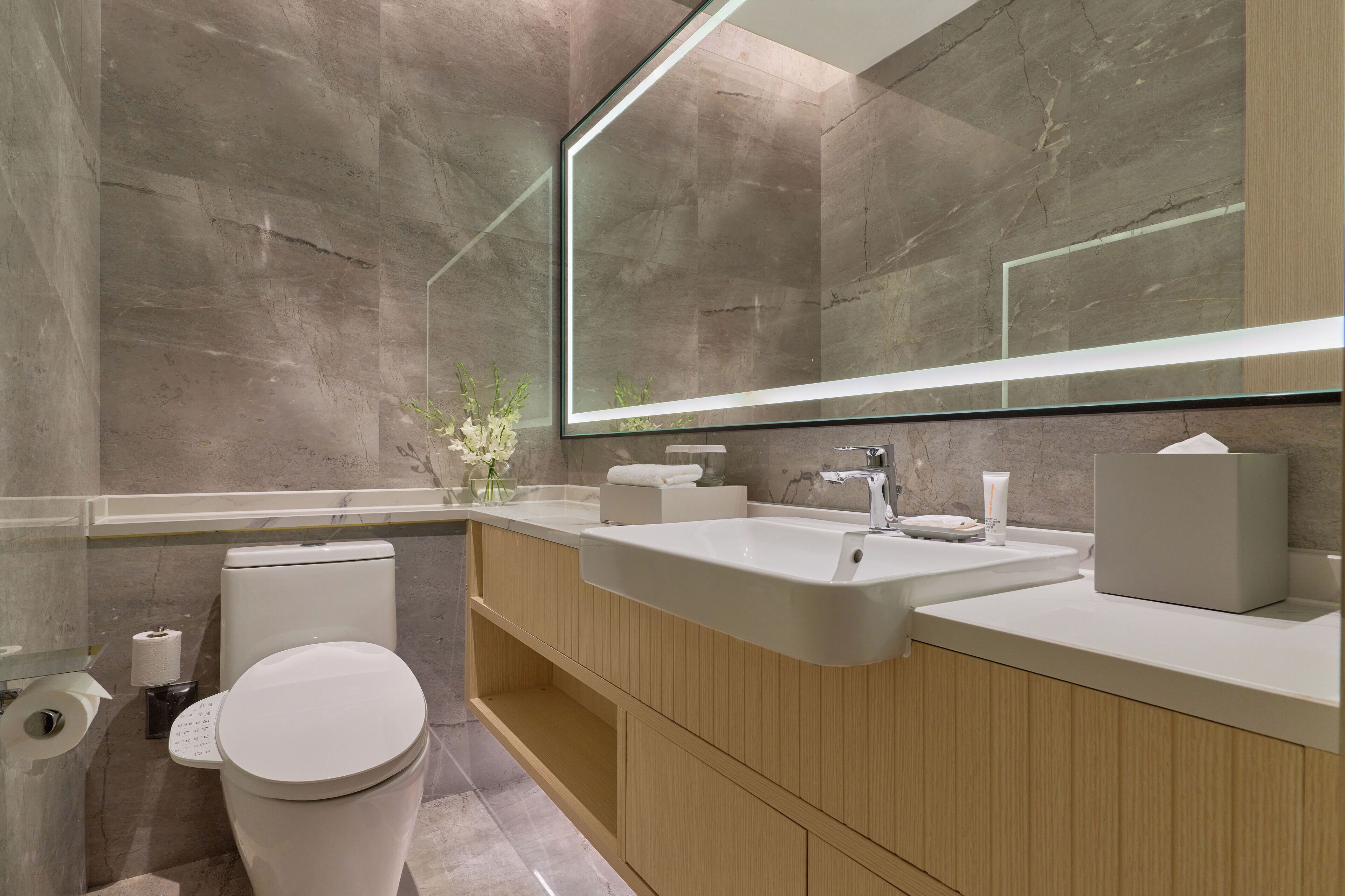Une salle de bain moderne équipée de toilettes, d’un lavabo et d’un miroir.