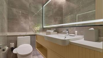 A modern bathroom with a toilet, sink, and mirror.