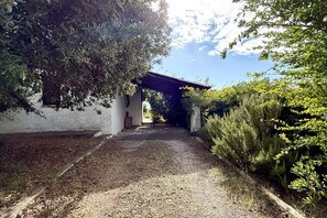 A pathway leading to a building with a covered entrance, surrounded by greenery and a clear sky.