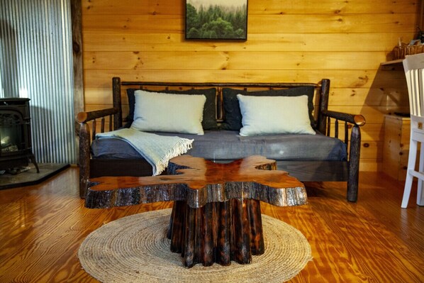 Smart TV, fireplace, books, offices