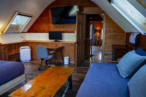Smart TV, chimenea, libros y monitor de computadora 
