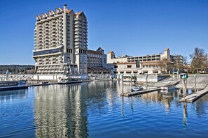 Overlooking the marina, this hotel offers stunning views of the water and boats docked below.