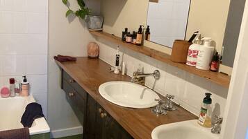 Hair dryer, towels, soap, shampoo