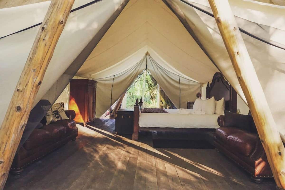 A tented accommodation with a bed, two leather sofas, and a wooden floor.