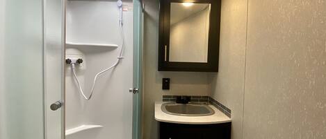 A bathroom with a glass-enclosed shower, a sink, and a mirror above it.