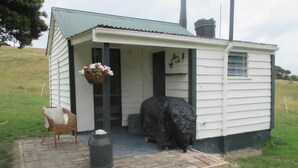 A small, single-story house with a porch, a covered outdoor area, and a chimney. - Walnut Whare (Te Whiti)