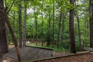 A wooden deck surrounded by dense forest with a pond in the background.