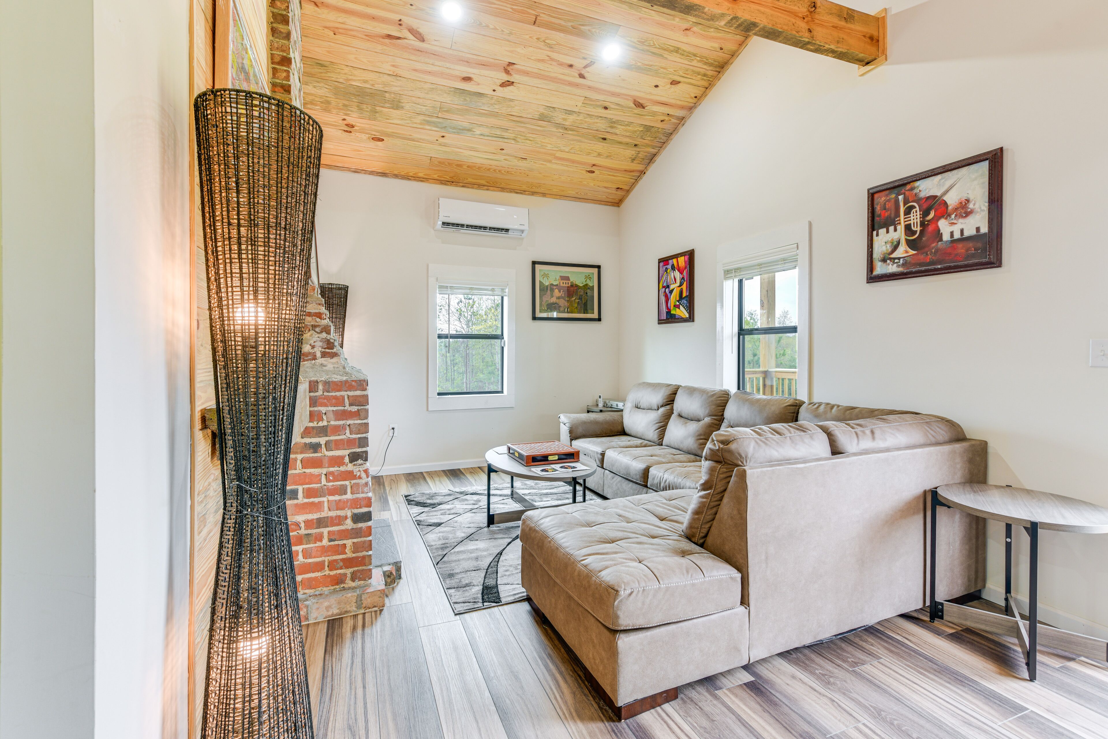 TV, fireplace, books, computer monitors