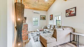 TV, fireplace, books, computer monitors