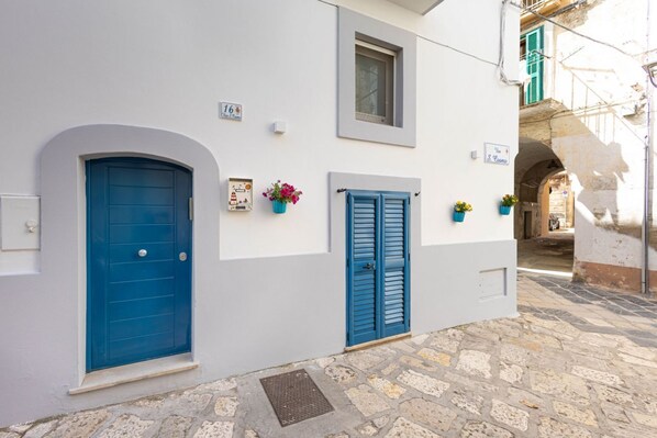 A narrow street with white buildings, blue doors, and a stone pavement.