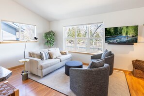 TV, fireplace, books, offices