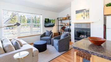 Televisión, chimenea, libros, oficina