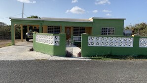 Una casa de una planta con fachada verde, entrada protegida por una reja y un camino de acceso a un vehículo estacionado.