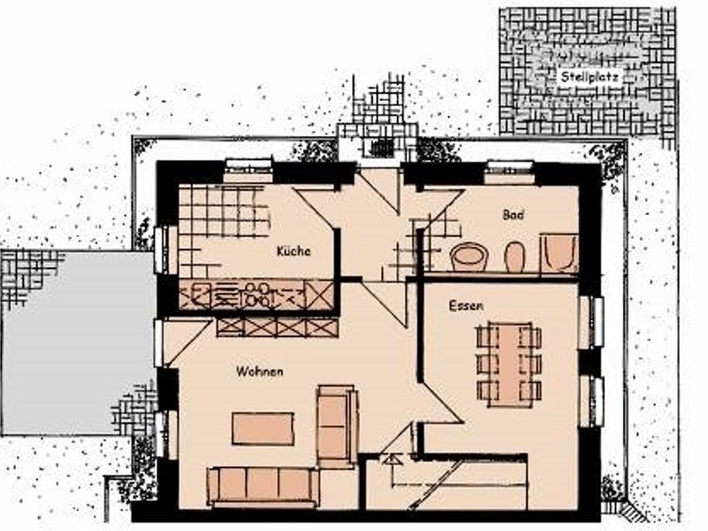 Ein Grundriss eines Hotels mit beschrifteten Räumen, darunter Küche, Essbereich, Wohnzimmer und Schlafzimmer.