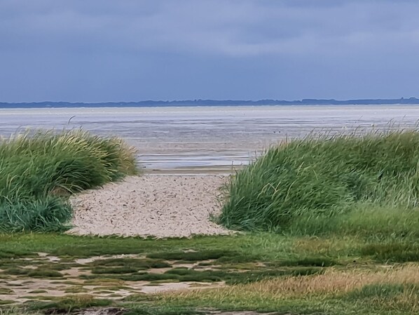A beach with a sandy path leading to the water, surrounded by grassy areas. - Torben´s Hüs - Torben´s Hüs, Borgsum (Borgsum)
