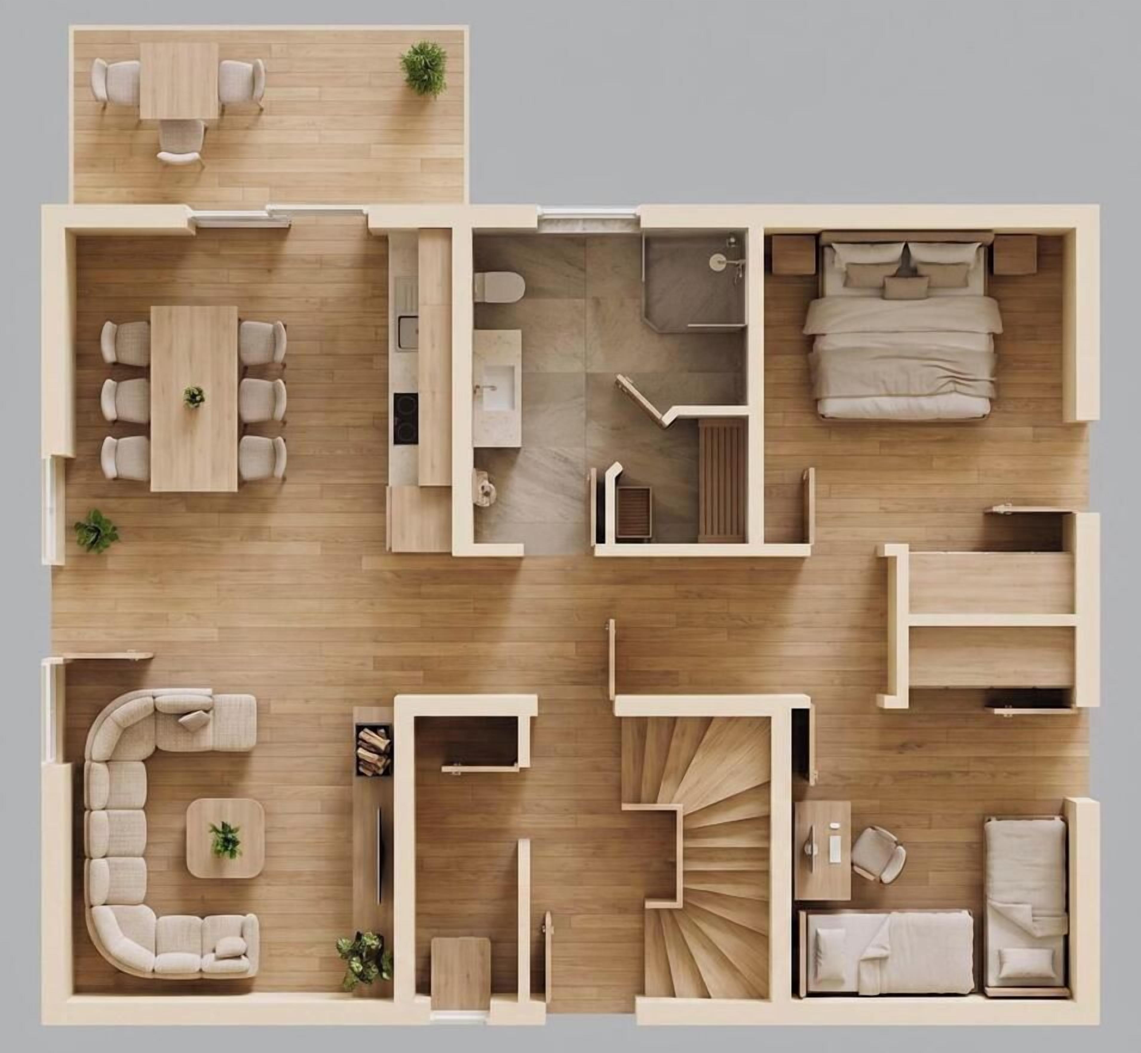 Plano de un cuarto de hotel con cama, área de descanso y baño.