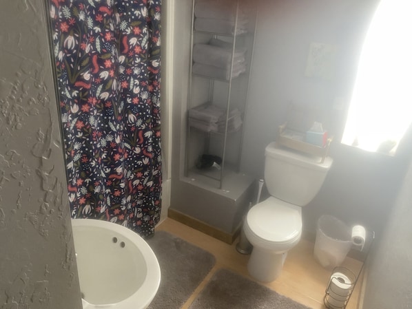 A bathroom with a bathtub, toilet, and shower area.