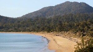 A beach with a clear view of the ocean and a forested hill in the background. - The Arthouse Freycinet (Glamorgan-Spring Bay)
