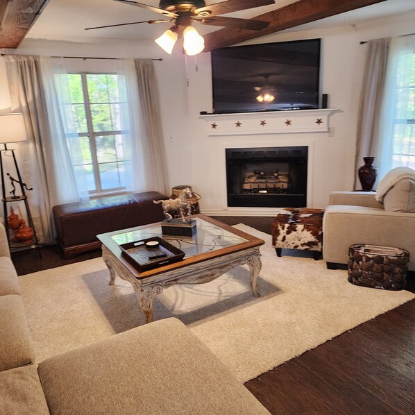 Smart TV, fireplace, table football, books