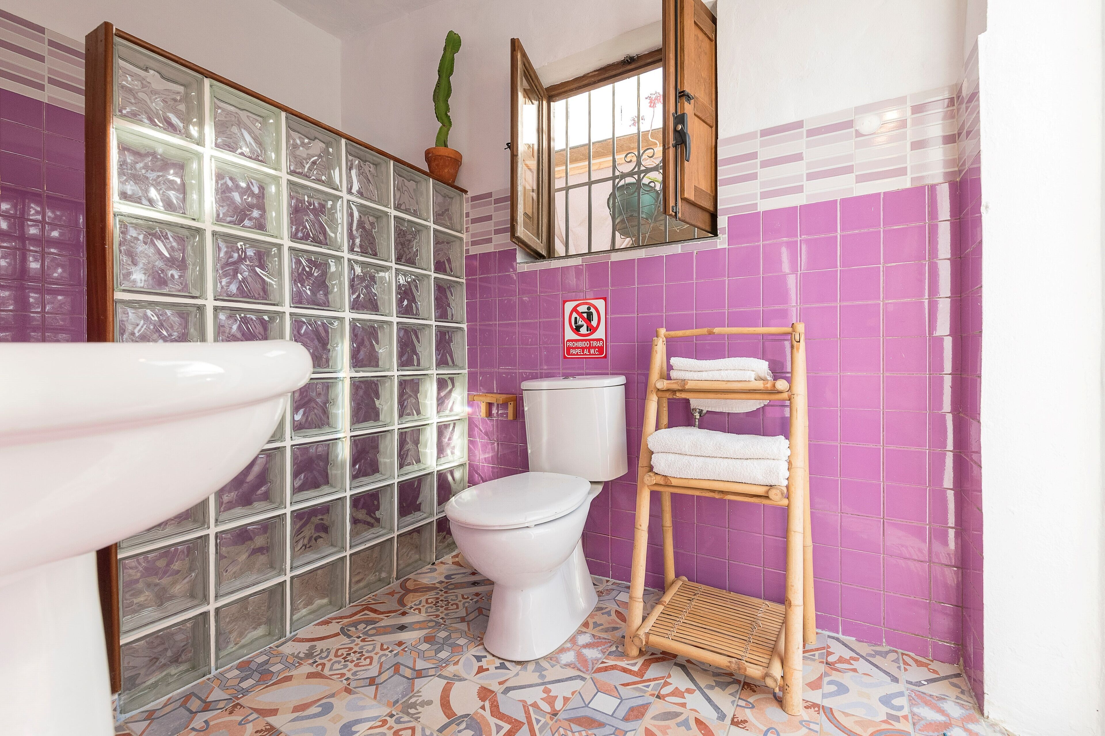 A bathroom with a toilet, a sink, a glass block partition, a mirror, and a towel rack.