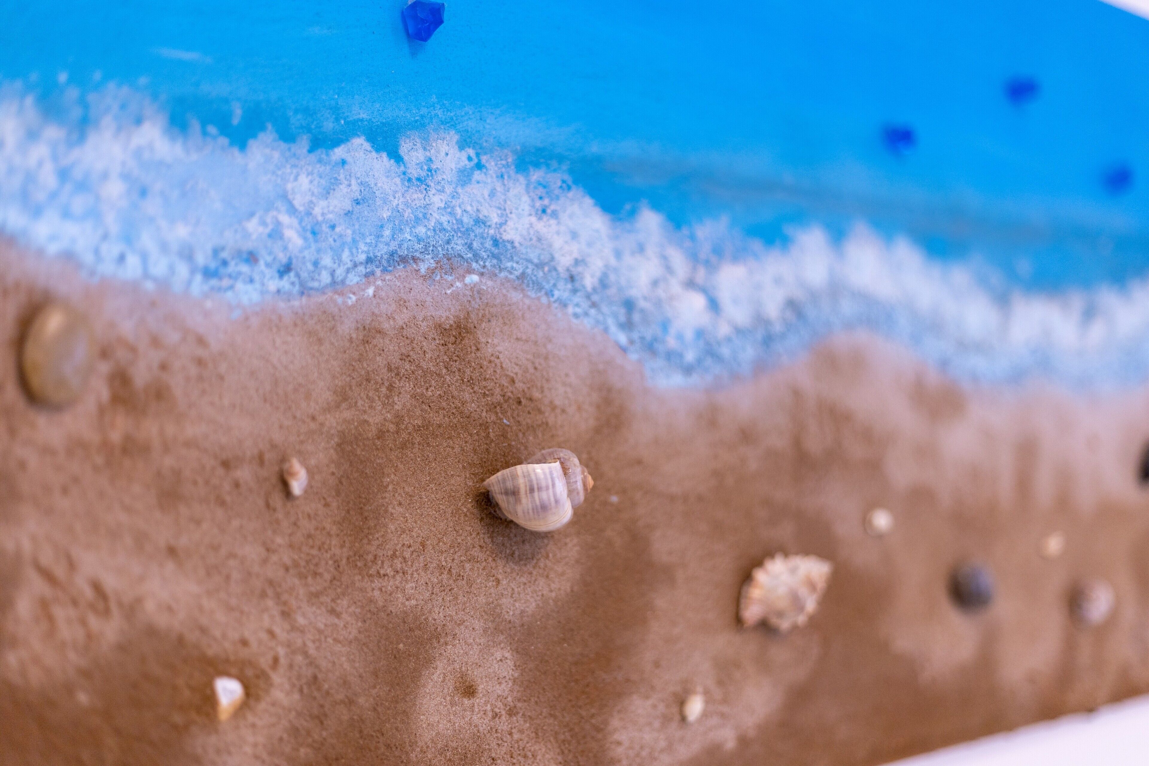 A close-up of a sandy beach with a shell and a few small pebbles.