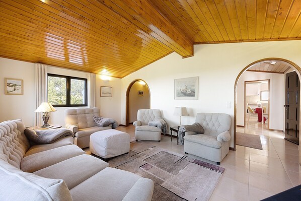 A spacious living room with a high wooden ceiling, a large window, and a view into the dining area.