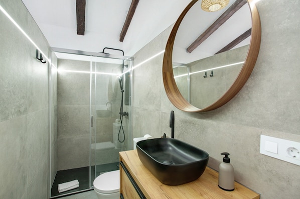 Shower, hair dryer, towels