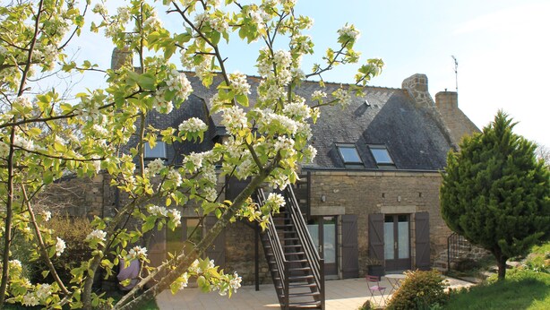 Une maison en pierre avec un escalier en bois menant à une porte, entourée de verdure et d’arbres en fleurs.