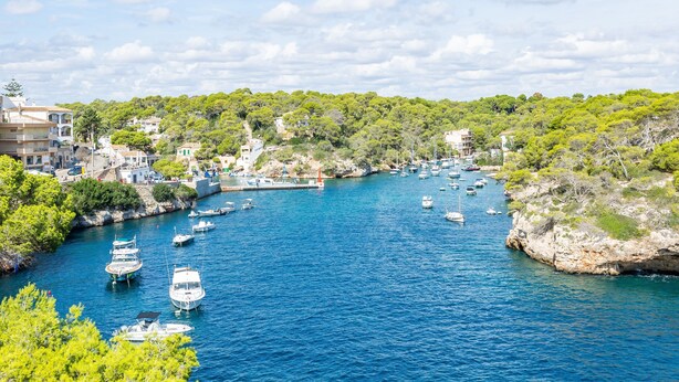A coastal town with boats docked along a narrow waterway, surrounded by greenery and buildings.
