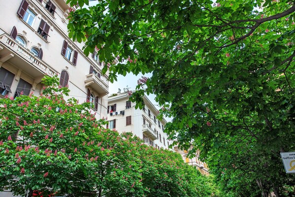 Un immeuble à plusieurs étages doté de balcons, entouré d’arbres verdoyants et d’arbustes en fleurs.
