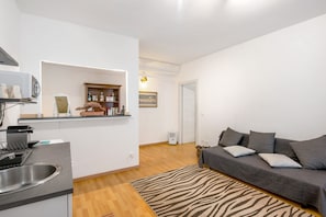 Un salon moderne comprenant un canapé, un tapis à motifs zébrés, un coin cuisine avec un évier et un couloir menant à une porte.