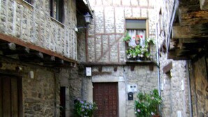 Un estrecho callejón con edificios de piedra, una puerta central y macetas con plantas.