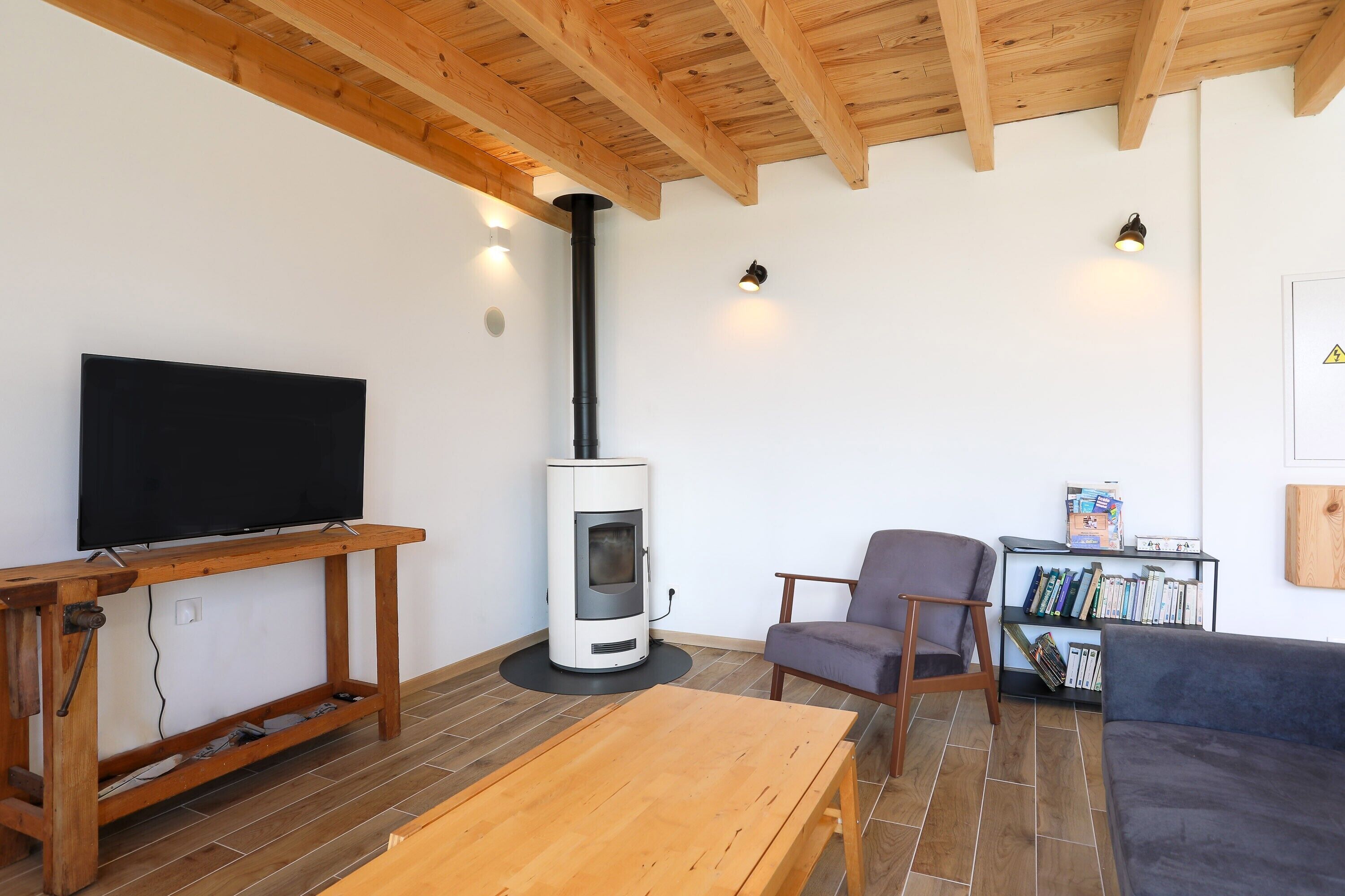 A living room with a TV, a wood-burning stove, a bookshelf, and a sofa.