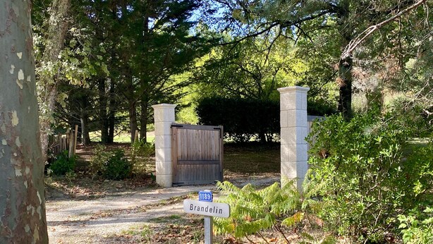 A signpost with 'Brandelin' and a number '1189' in a wooded area. - Secluded Forest Tiny House with Views (Meilhan)
