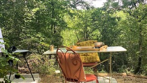 An outdoor patio with a table and chairs, surrounded by greenery. - Secluded Forest Tiny House with Views (Meilhan)