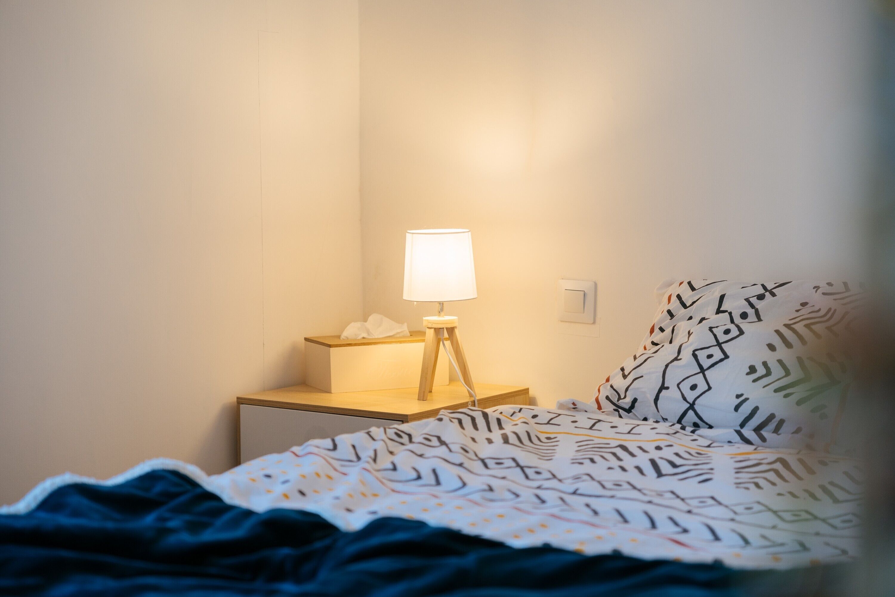 A bedroom with a bedside table, a lamp, a bedside plant, and a patterned bedspread.