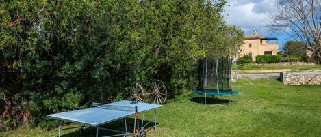 A ping pong table, a trampoline, and a stone wall in a grassy area with trees and a building in the background.