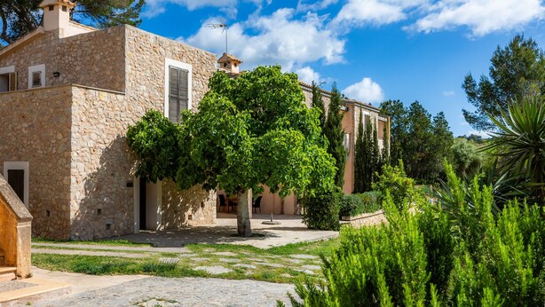 A stone building with a courtyard, a tree, and surrounding greenery. - Apartment 'Sa Soll' with Mountain Views, Shared Pool and Wi-Fi (Illes Balears)